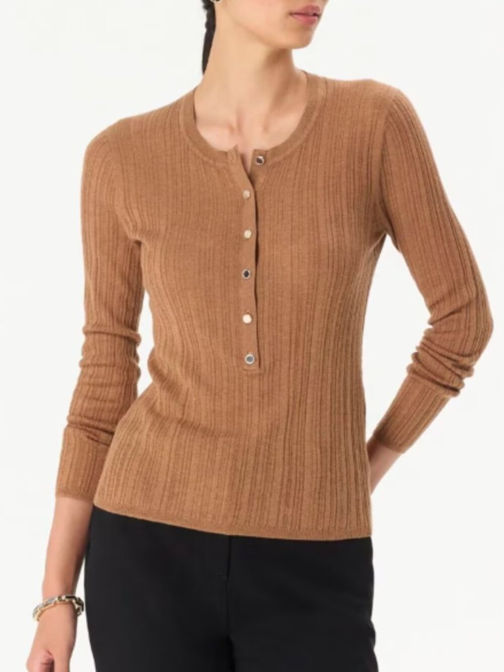 White House Black Market LS Heather Soft Camel Ribbed Henley Sweater size M